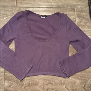 ZARA Ribbed Long Sleeve Scoop Neck Cropped Top - Dusty Purple XS